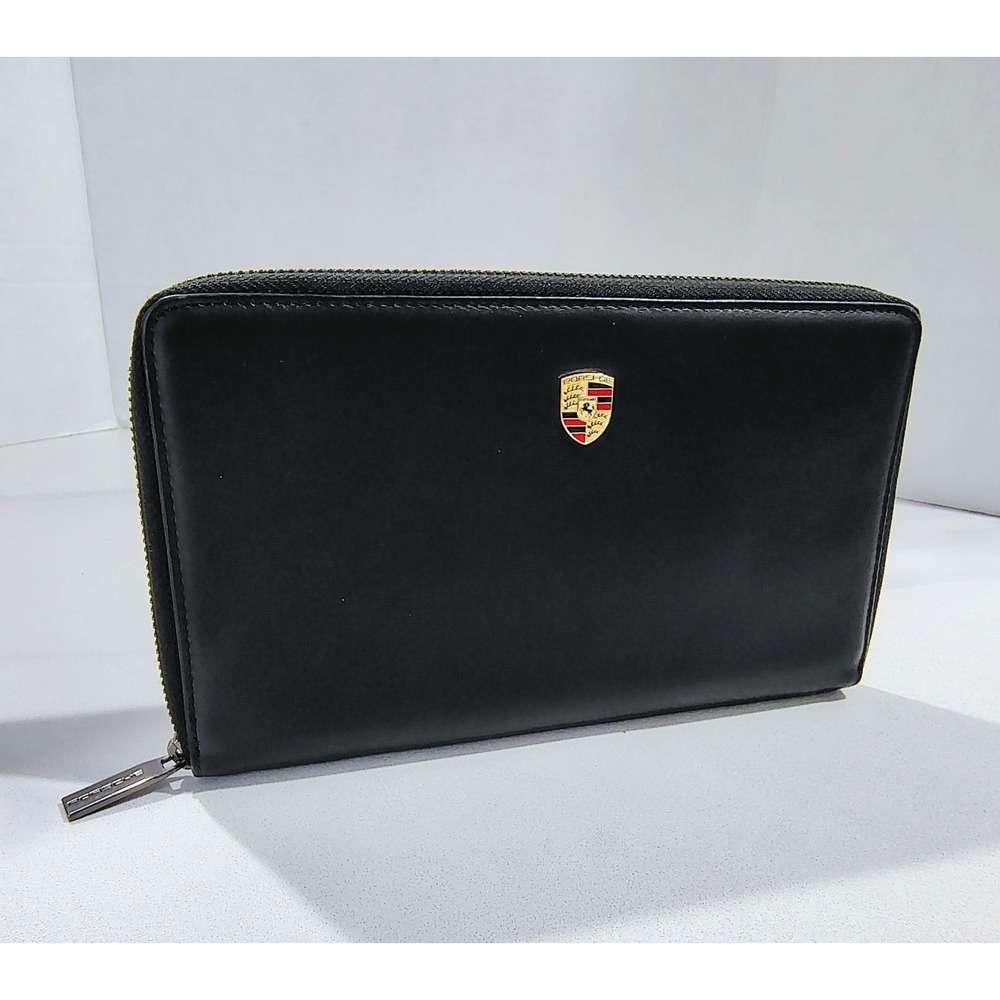 Porsche RFID Travel Wallet Leather Black Passport Credit Card Metal Logo Crest